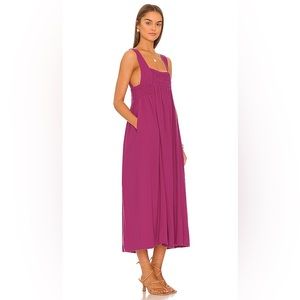 Free People Smocked Maxi dress 100% COTTON in Raspberry Sherbet pockets NWT US L